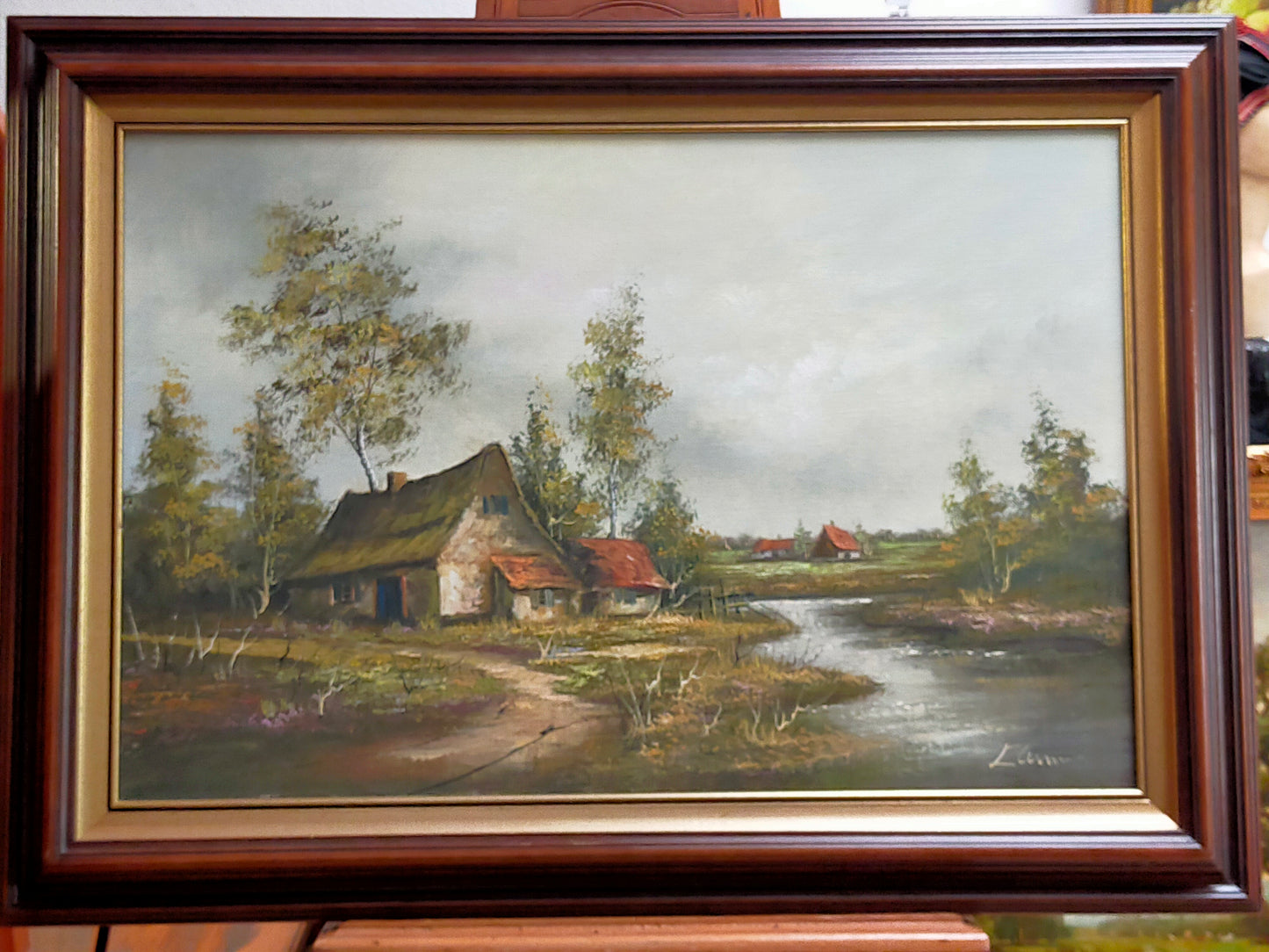 Ölgemälde – Ländliche Flusslandschaft mit Reetdachhaus