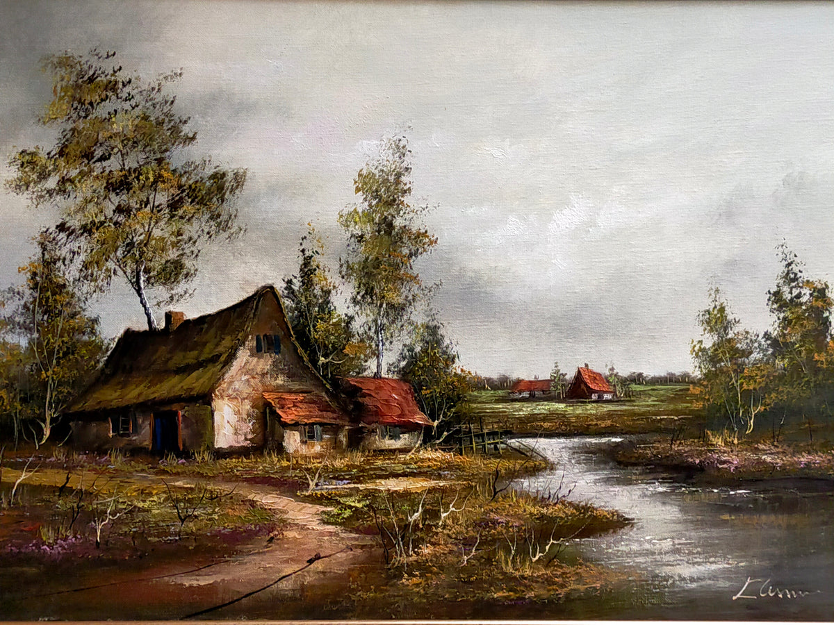 Ölgemälde – Ländliche Flusslandschaft mit Reetdachhaus