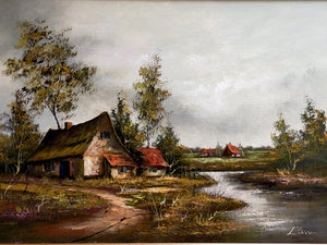 Ölgemälde – Ländliche Flusslandschaft mit Reetdachhaus