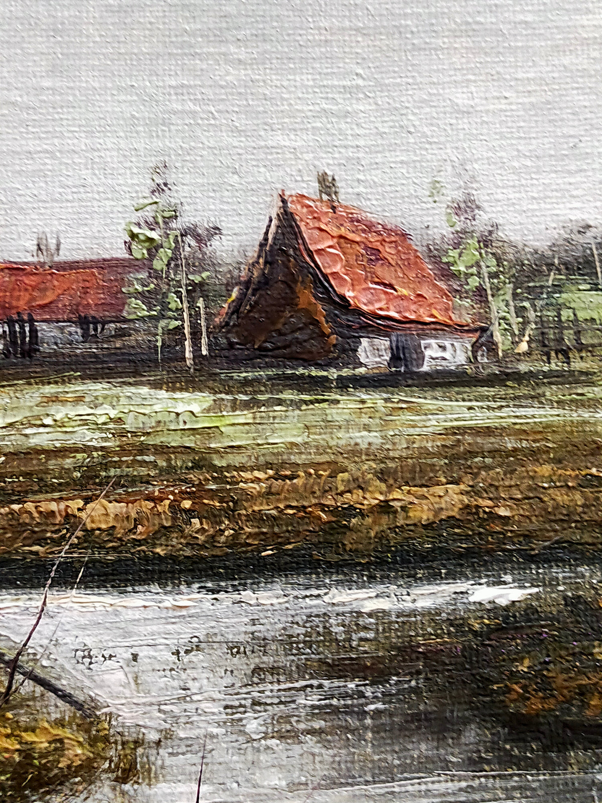 Ölgemälde – Ländliche Flusslandschaft mit Reetdachhaus