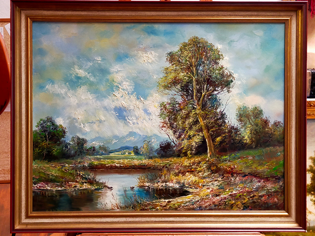 Malerische Landschaft in Öl – Flusslandschaft mit altem Ba