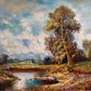 Malerische Landschaft in Öl – Flusslandschaft mit altem Ba