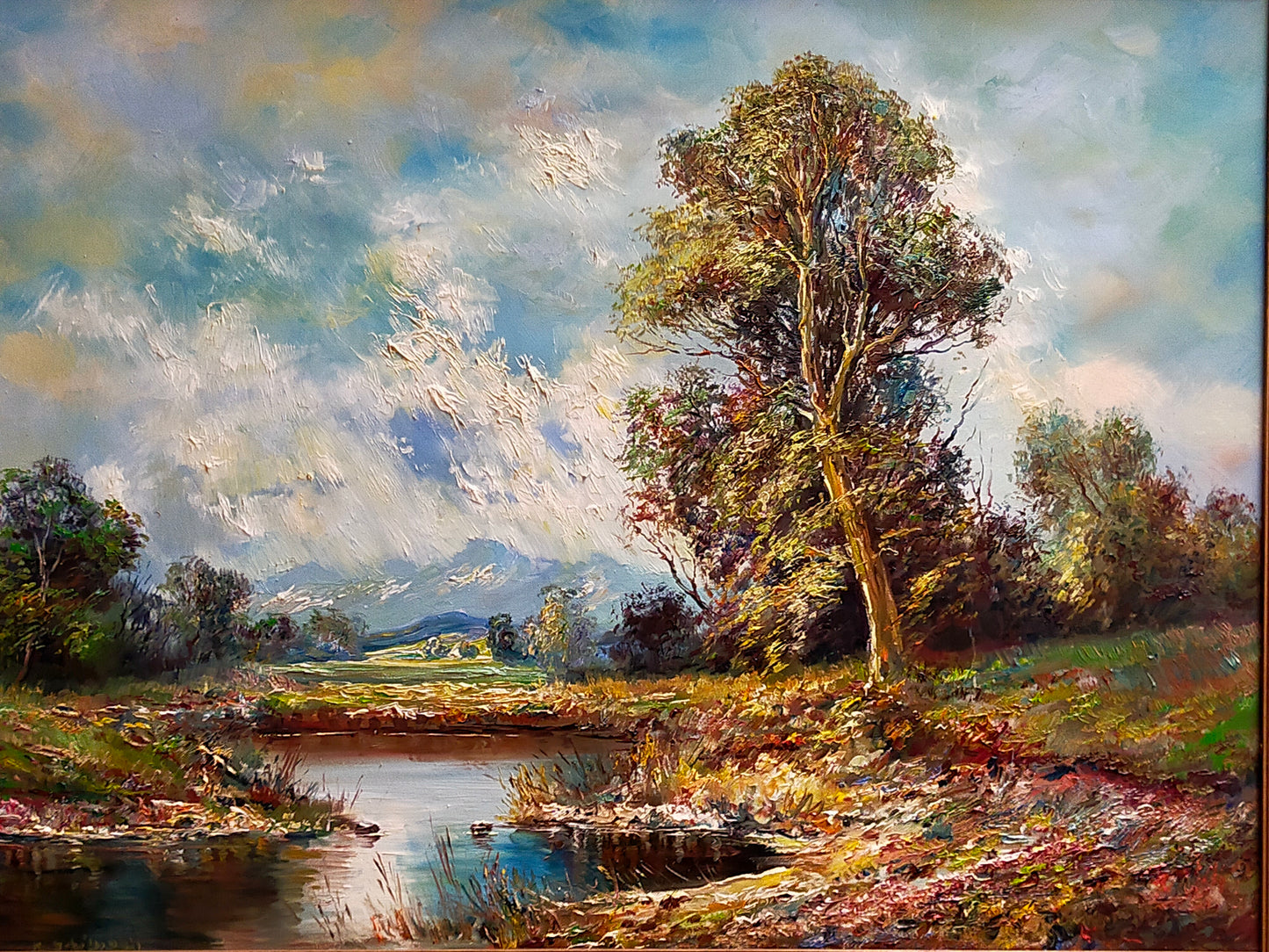 Malerische Landschaft in Öl – Flusslandschaft mit altem Ba