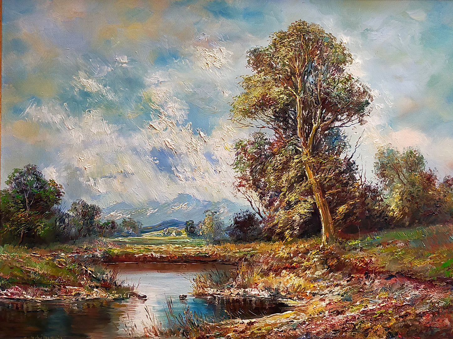 Malerische Landschaft in Öl – Flusslandschaft mit altem Ba