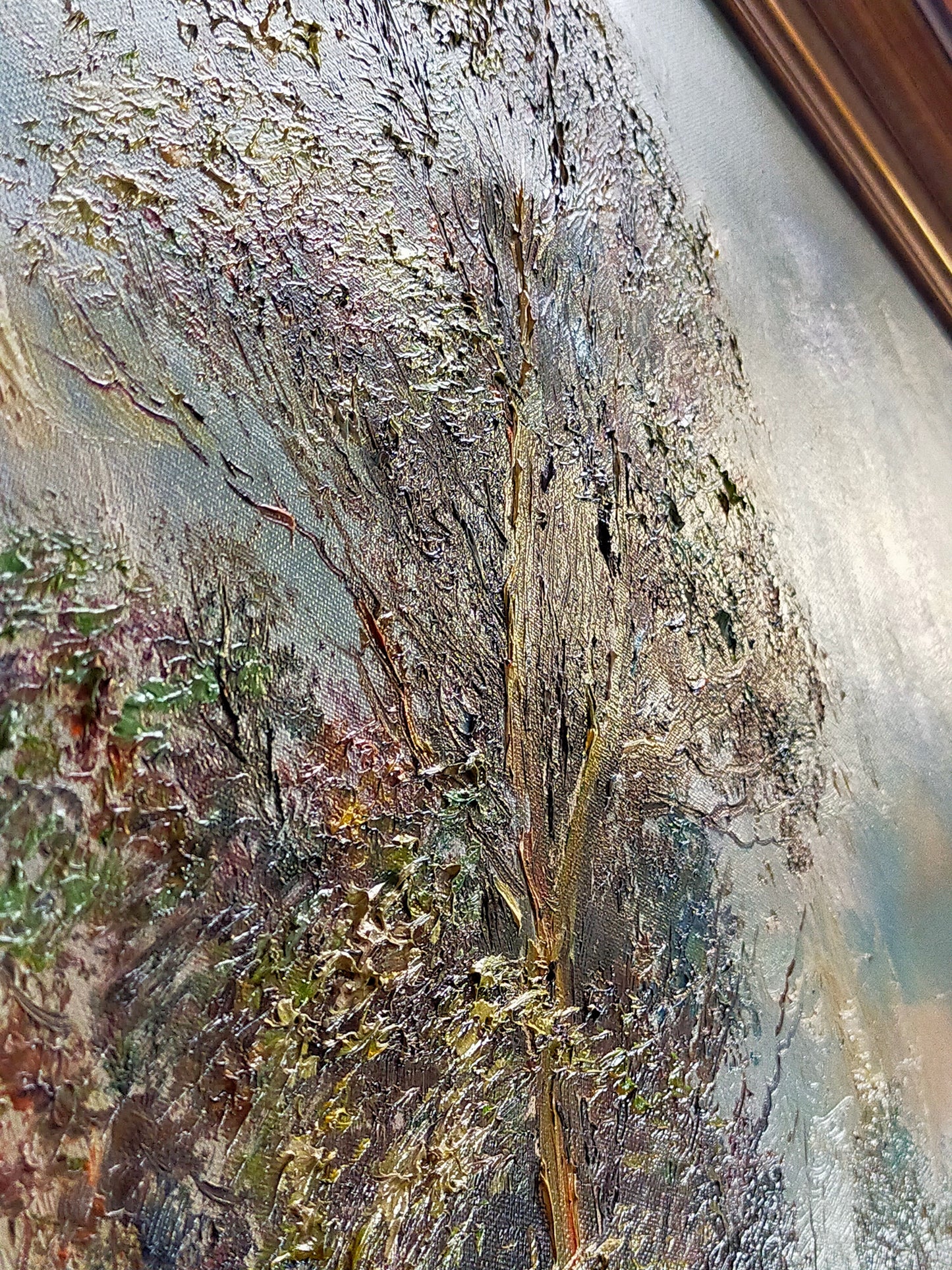 Malerische Landschaft in Öl – Flusslandschaft mit altem Ba