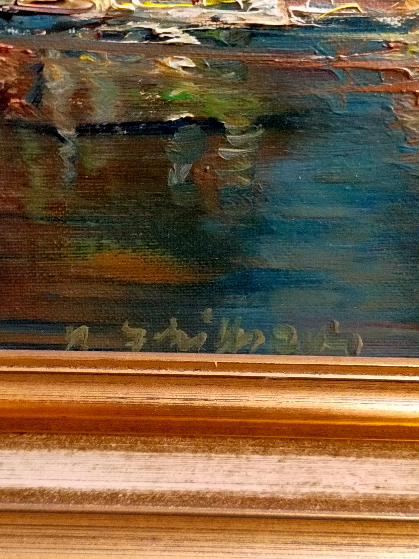 Malerische Landschaft in Öl – Flusslandschaft mit altem Ba