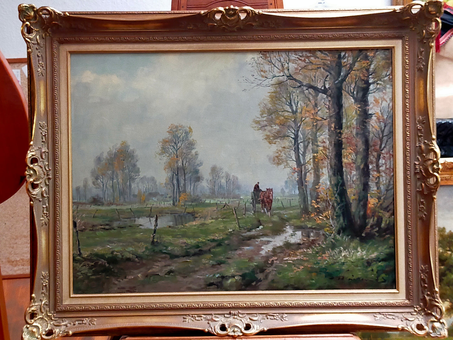Ölgemälde Landschaft – Herunterziehende Herbststimmung mit Reiter