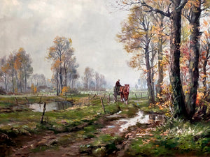 Ölgemälde Landschaft – Herunterziehende Herbststimmung mit Reiter