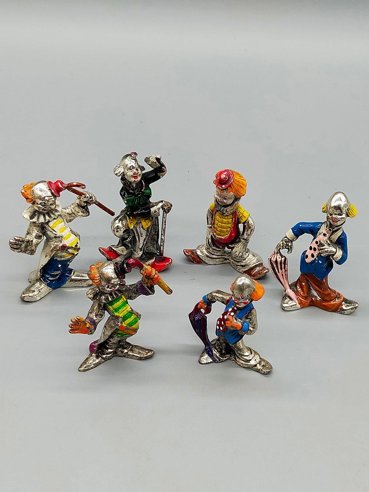 6er Set Antike Clown Figuren – Handbemalte Metall Aus Italy