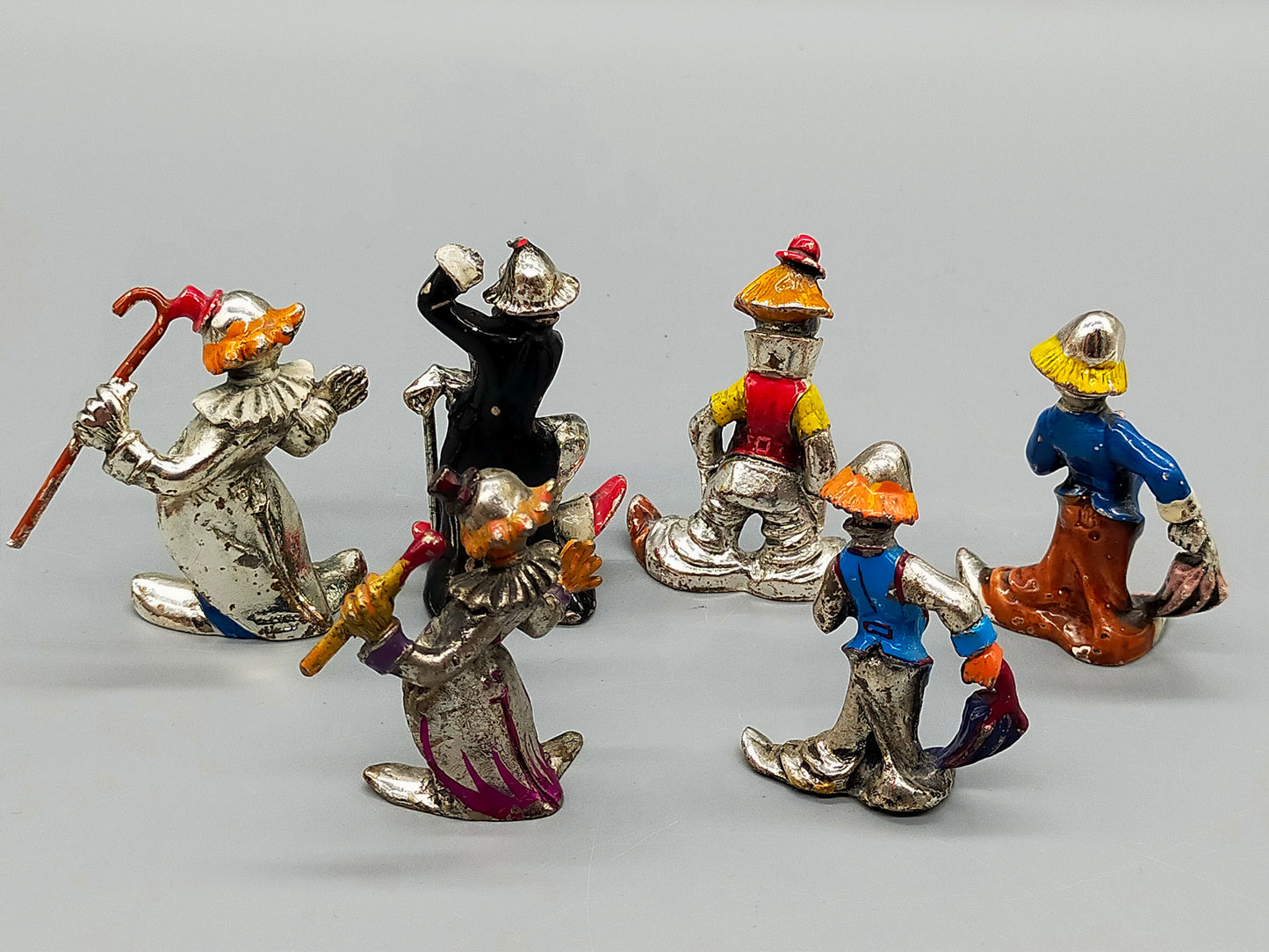 6er Set Antike Clown Figuren – Handbemalte Metall Aus Italy