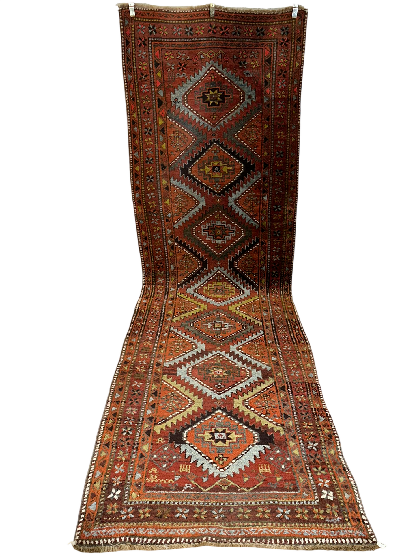 Antiker Orientteppich handgeknüpft Kazak Naturfarben Läufer 410x116 cm