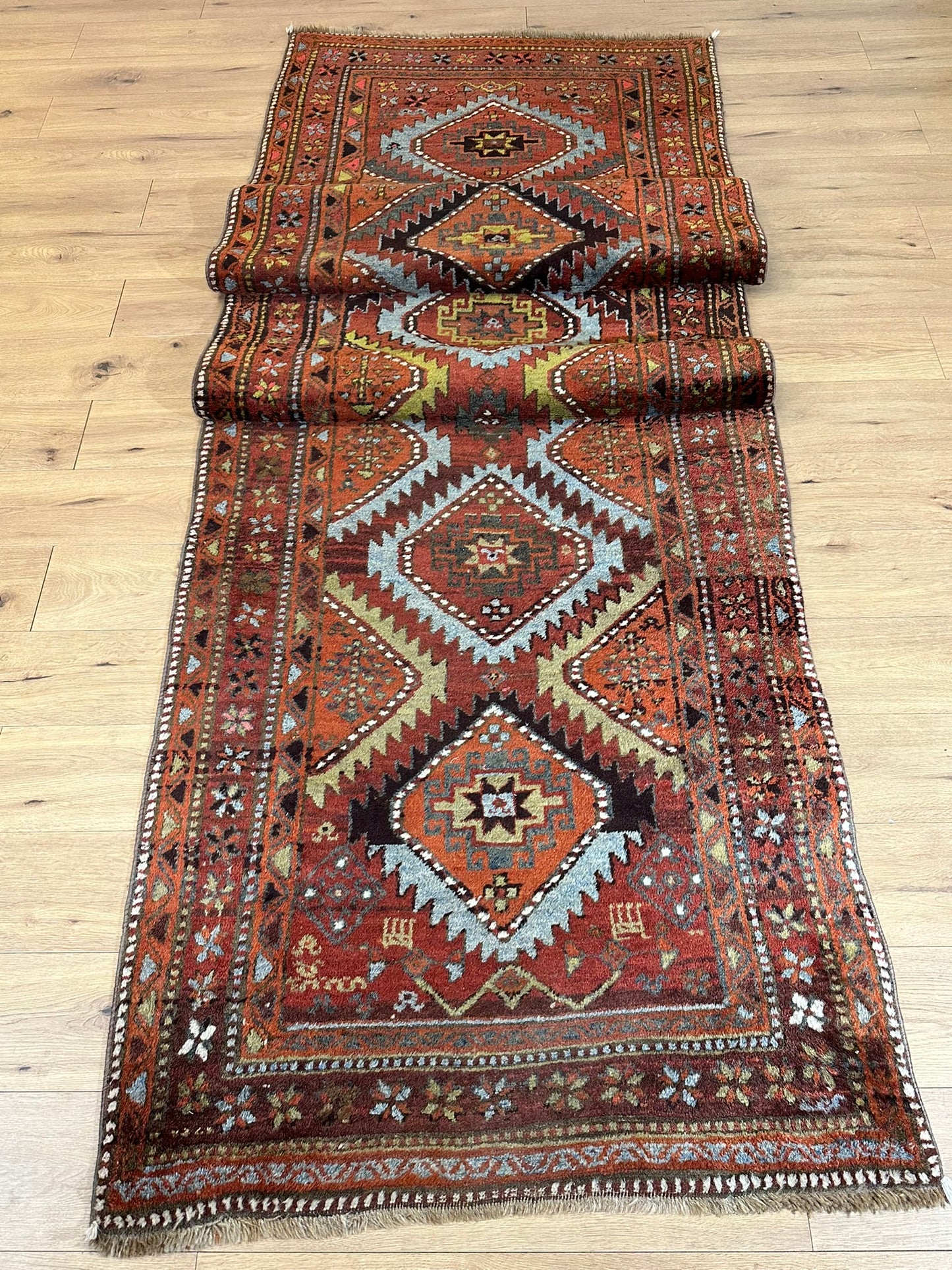 Antiker Orientteppich handgeknüpft Kazak Naturfarben Läufer 410x116 cm