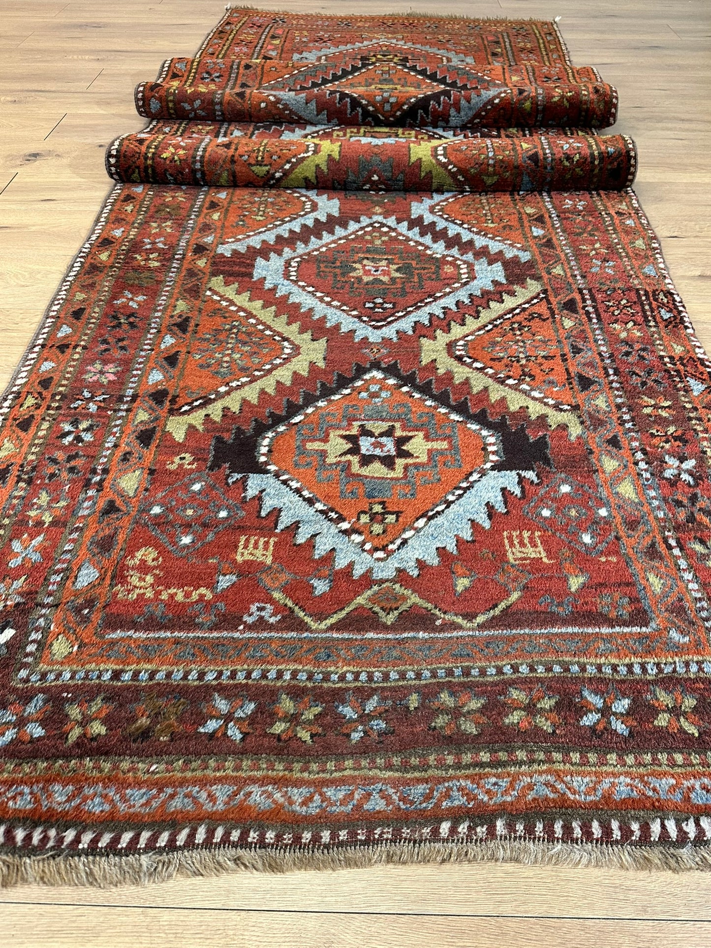 Antiker Orientteppich handgeknüpft Kazak Naturfarben Läufer 410x116 cm