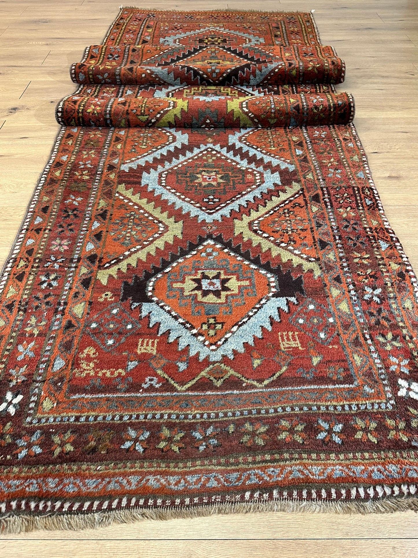 Antiker Orientteppich handgeknüpft Kazak Naturfarben Läufer 410x116 cm