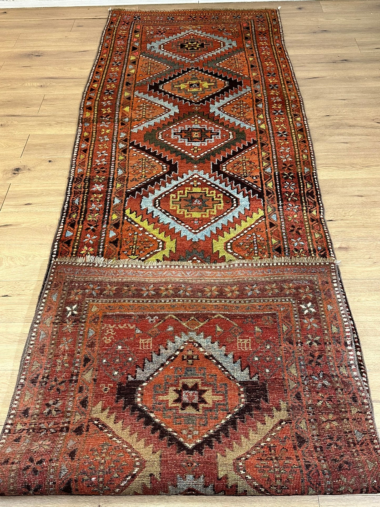 Antiker Orientteppich handgeknüpft Kazak Naturfarben Läufer 410x116 cm
