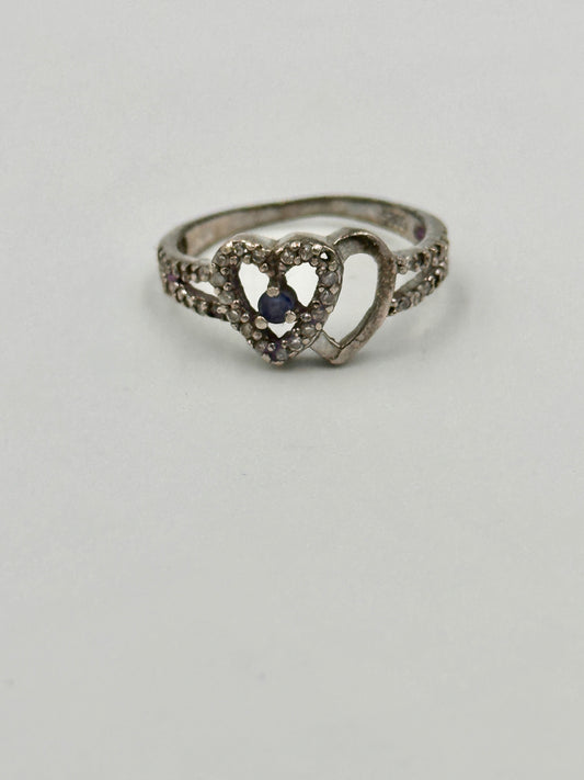 Eleganter Herz-Ring aus 925er Silber mit Strasssteinen und blauem Edelstein