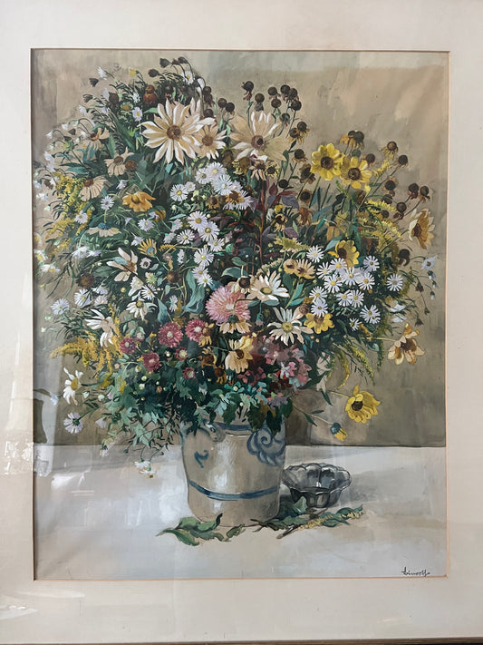 Aquarellmalerei, Handsigniert Üppiger Sommerblumenstrauß 116x96cm