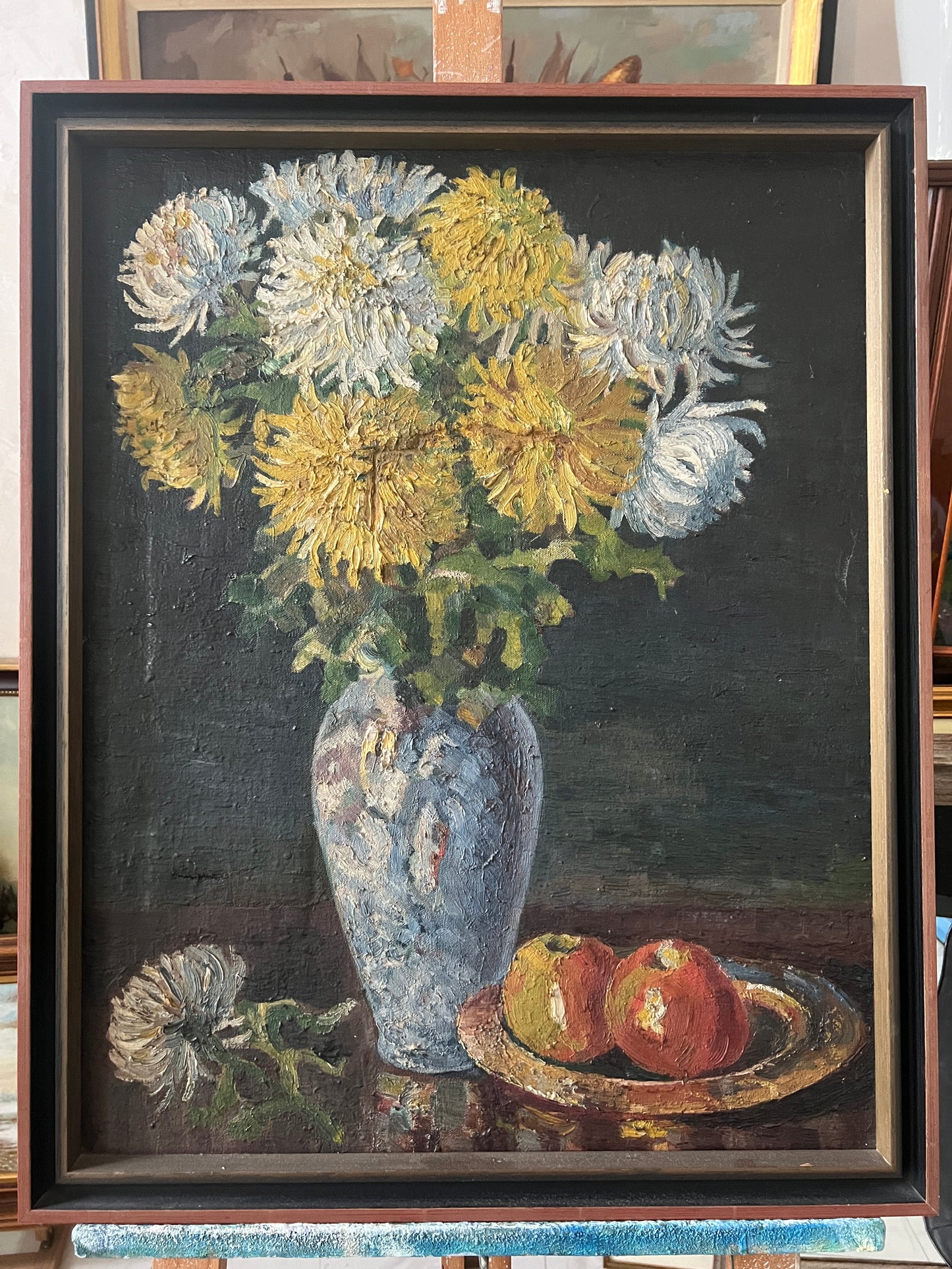 Vintage Ölgemälde Blumenstillleben mit Äpfeln 70x56cm