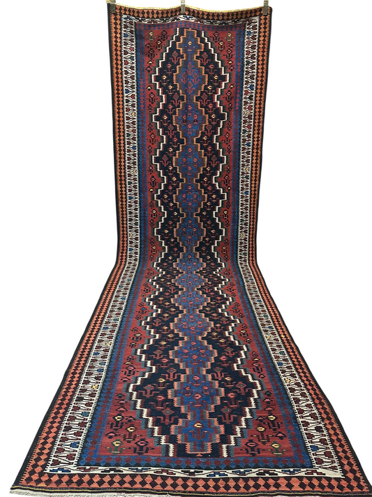 Orientteppich handgeknüpft 387x124 cm Kelim Sumack Antik