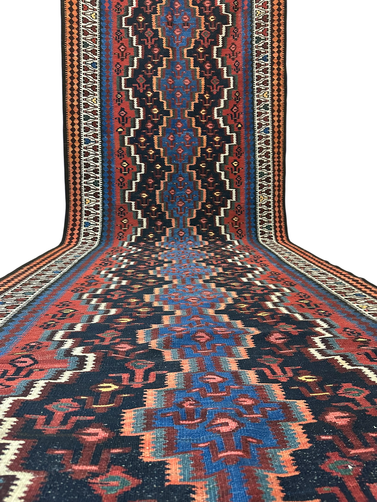 Orientteppich handgeknüpft 387x124 cm Kelim Sumack Antik