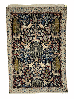 Orientteppich handgeknüpft Seide Lebensbaum Tiermotiv 126x87 cm