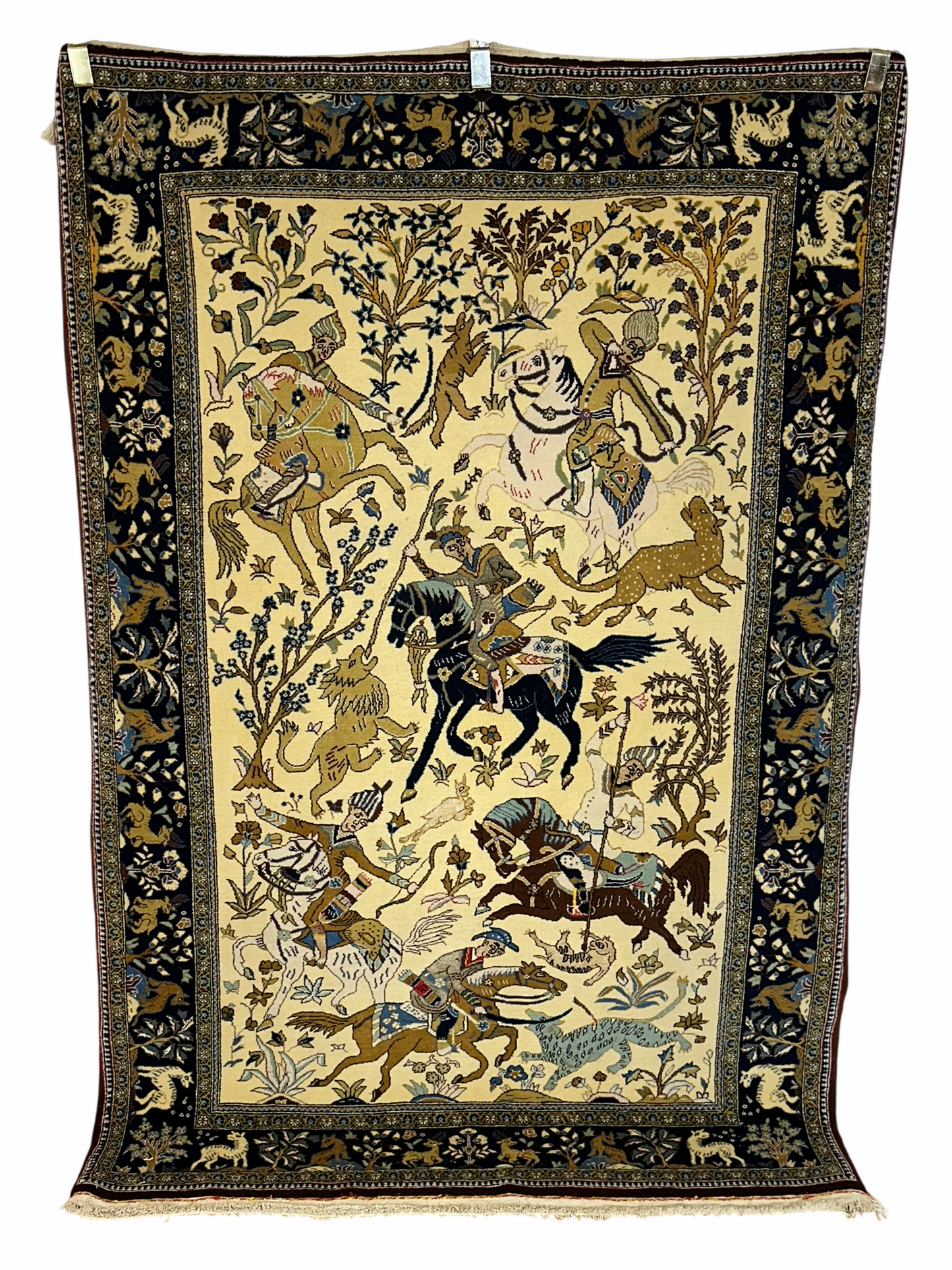 Orientteppich handgeknüpft Ghom Jagdmotiv Korkwolle Semi-Antik 213x142 cm