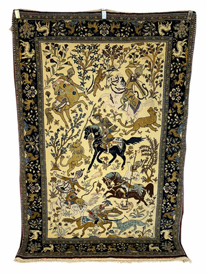 Orientteppich handgeknüpft Ghom Jagdmotiv Korkwolle Semi-Antik 213x142 cm