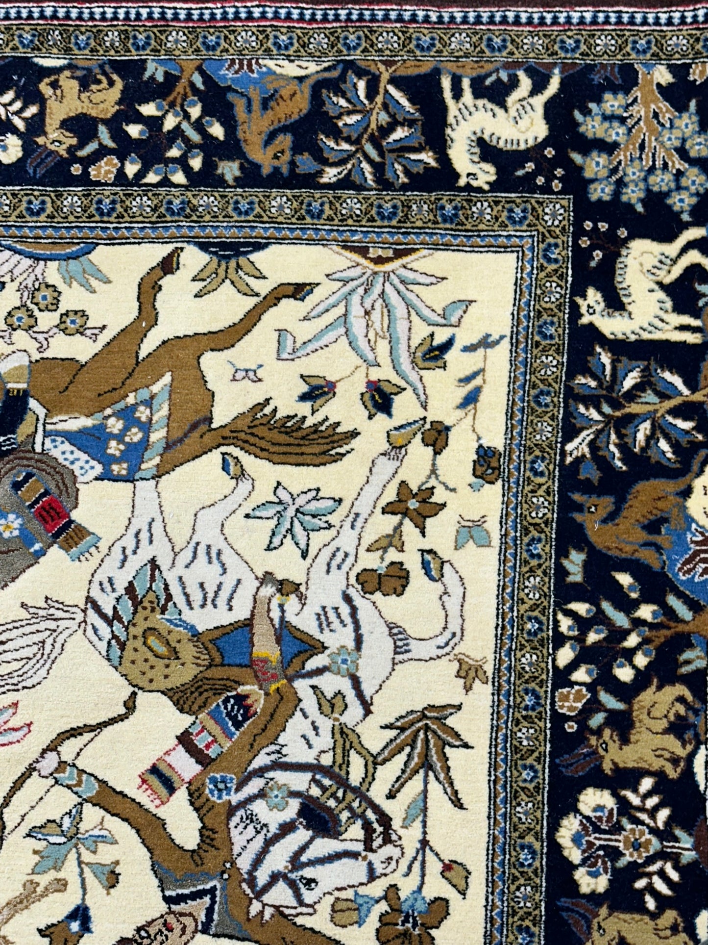 Orientteppich handgeknüpft Ghom Jagdmotiv Korkwolle Semi-Antik 213x142 cm