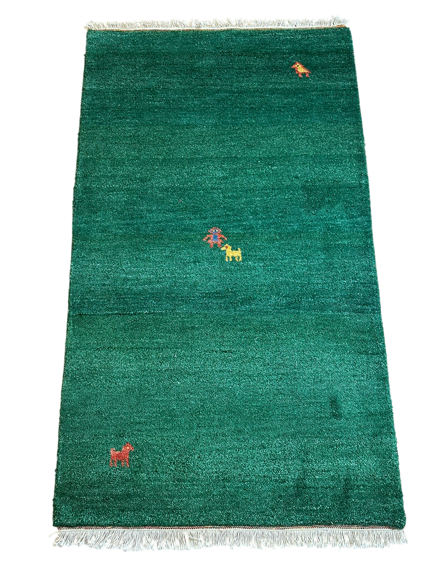 Indischer Gabbeh Orientteppich Handgeknüpft Smaragdgrün Tiermotive 160x90 cm