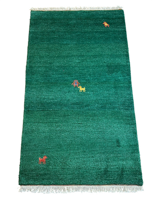 Indischer Gabbeh Orientteppich Handgeknüpft Smaragdgrün Tiermotive 160x90 cm
