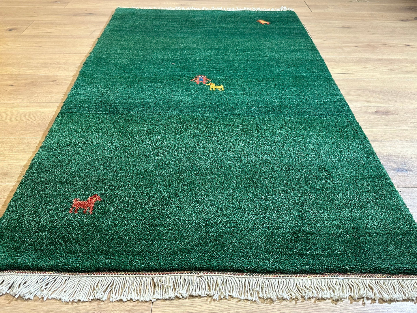 Indischer Gabbeh Orientteppich Handgeknüpft Smaragdgrün Tiermotive 160x90 cm