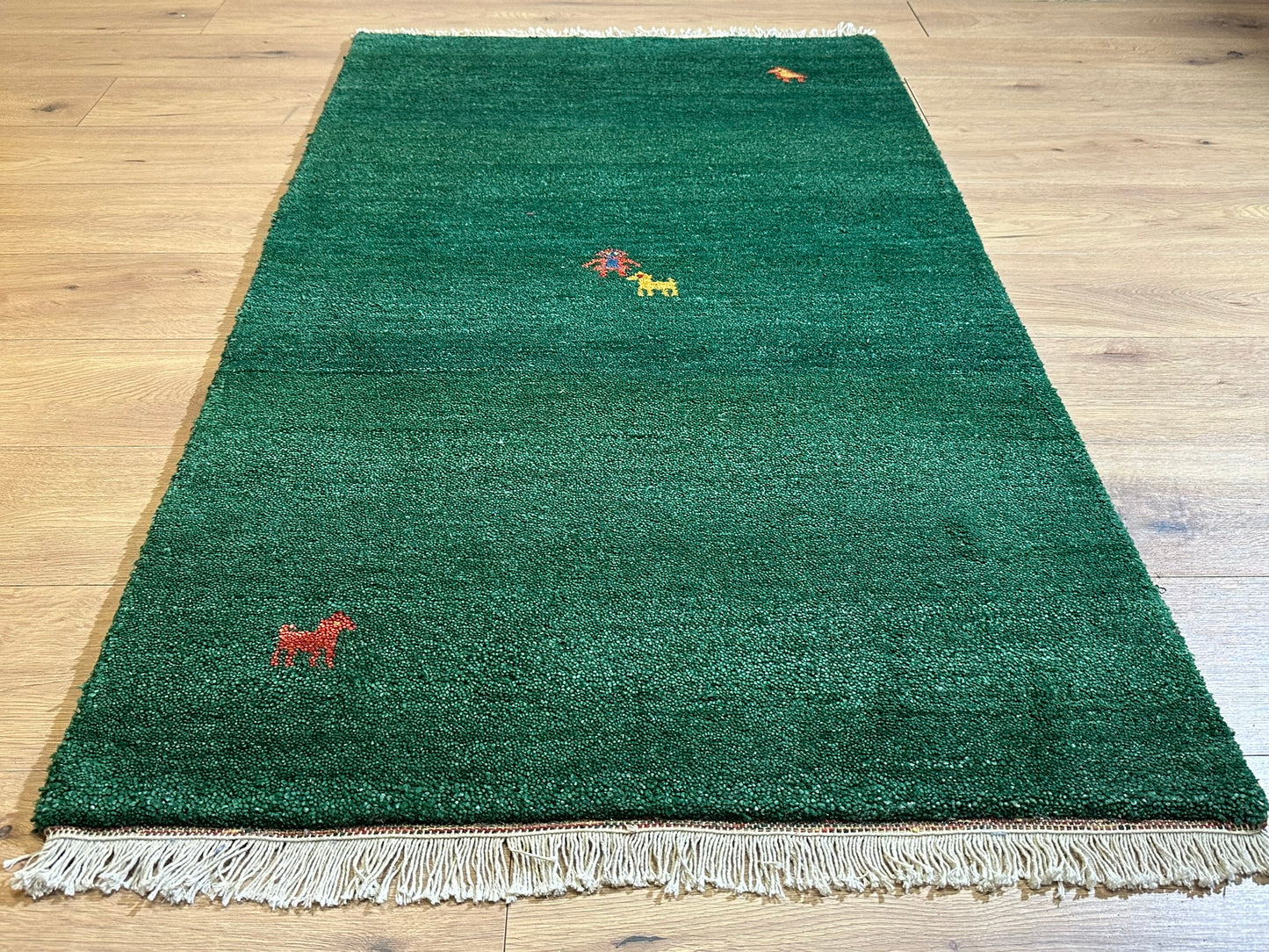 Indischer Gabbeh Orientteppich Handgeknüpft Smaragdgrün Tiermotive 160x90 cm