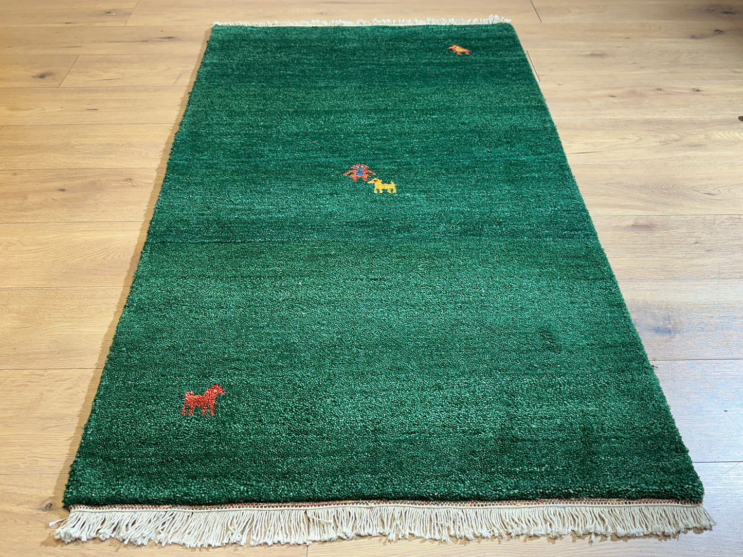 Indischer Gabbeh Orientteppich Handgeknüpft Smaragdgrün Tiermotive 160x90 cm