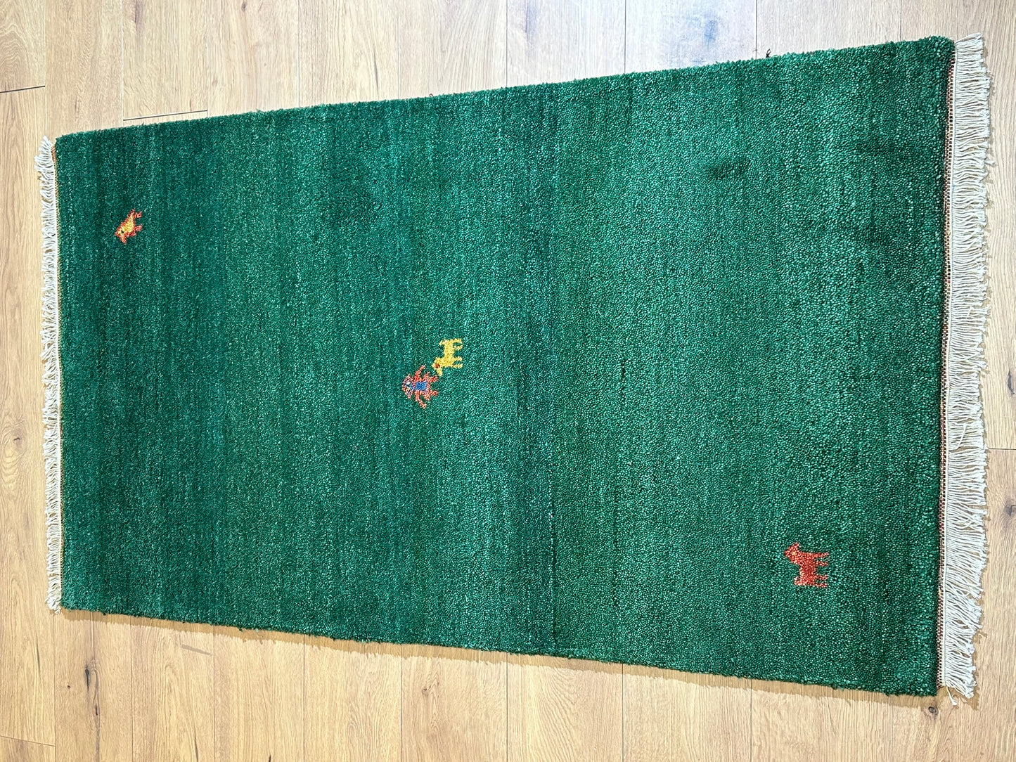 Indischer Gabbeh Orientteppich Handgeknüpft Smaragdgrün Tiermotive 160x90 cm