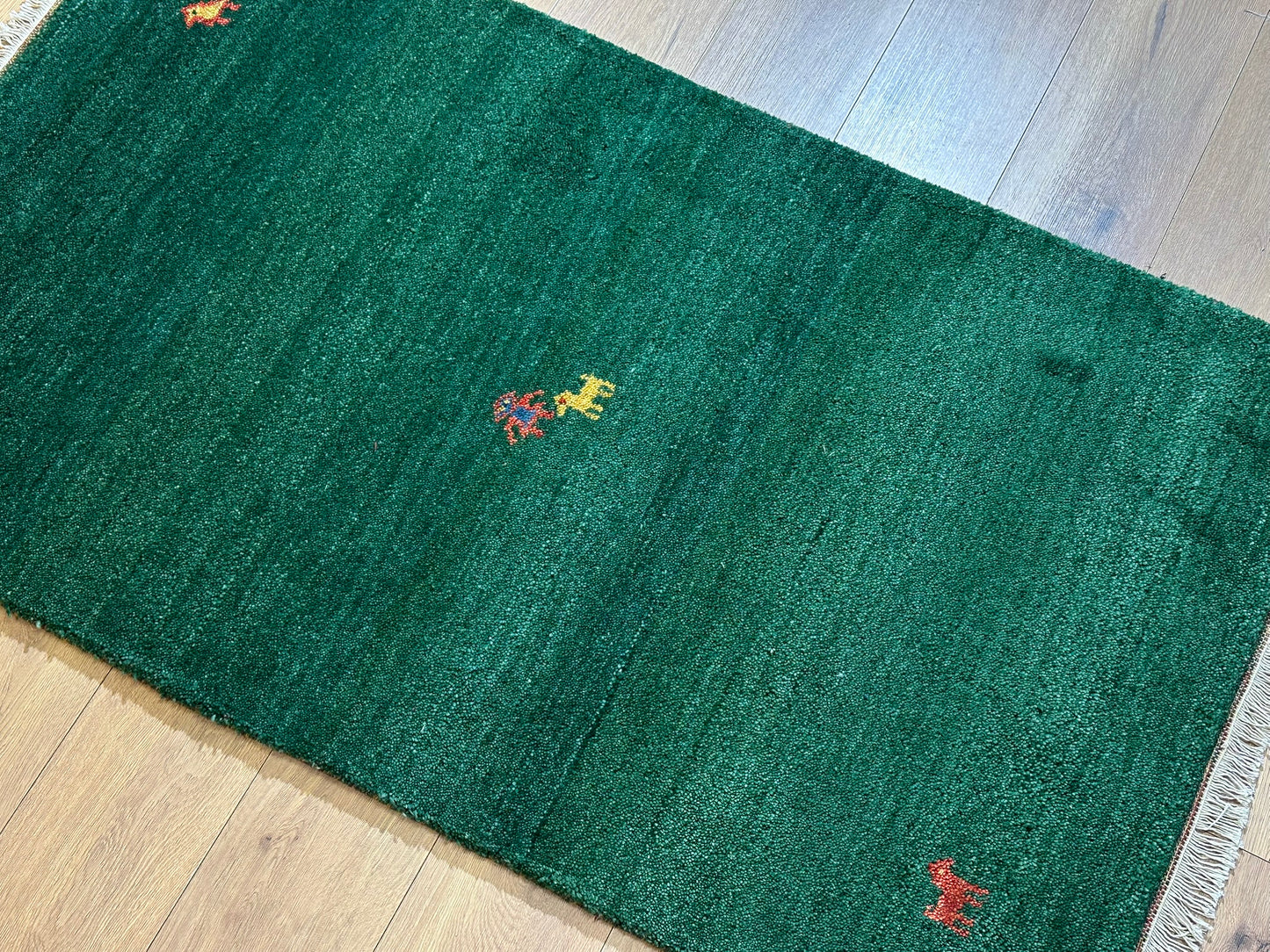 Indischer Gabbeh Orientteppich Handgeknüpft Smaragdgrün Tiermotive 160x90 cm