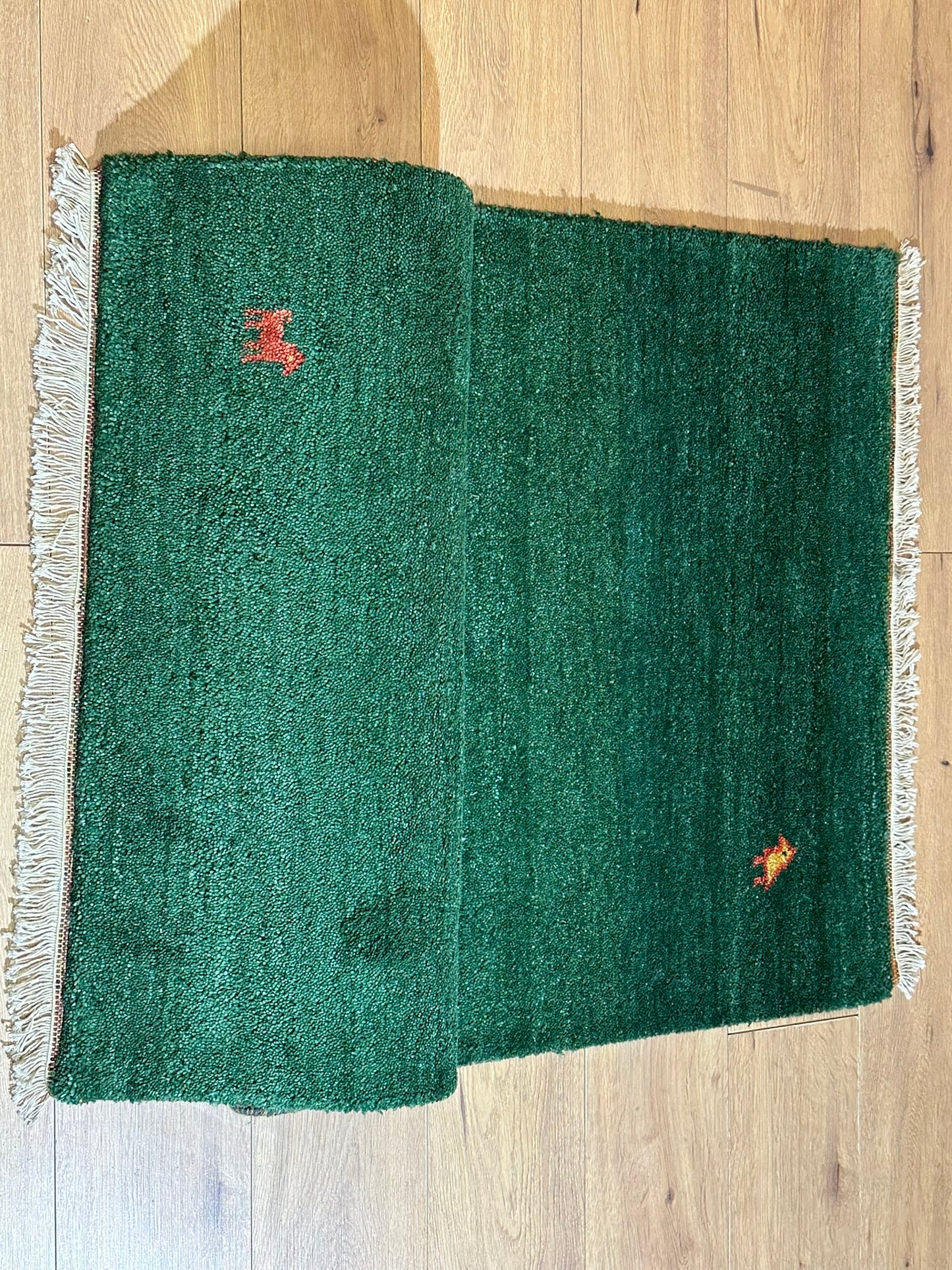 Indischer Gabbeh Orientteppich Handgeknüpft Smaragdgrün Tiermotive 160x90 cm