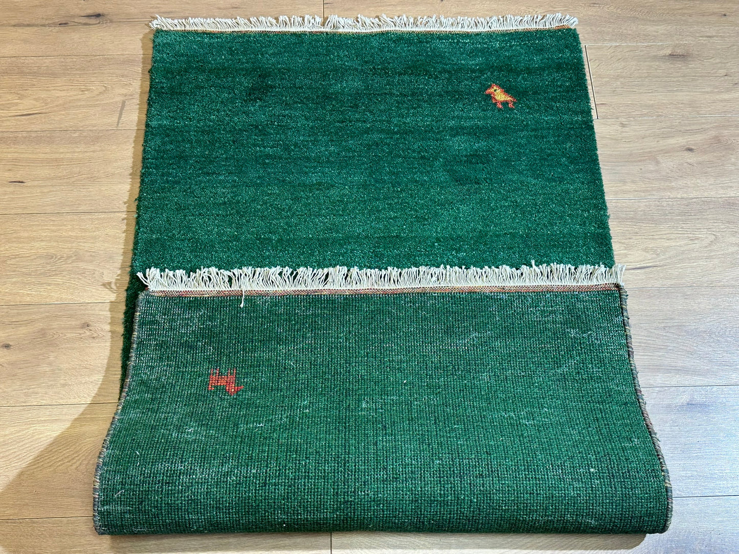 Indischer Gabbeh Orientteppich Handgeknüpft Smaragdgrün Tiermotive 160x90 cm