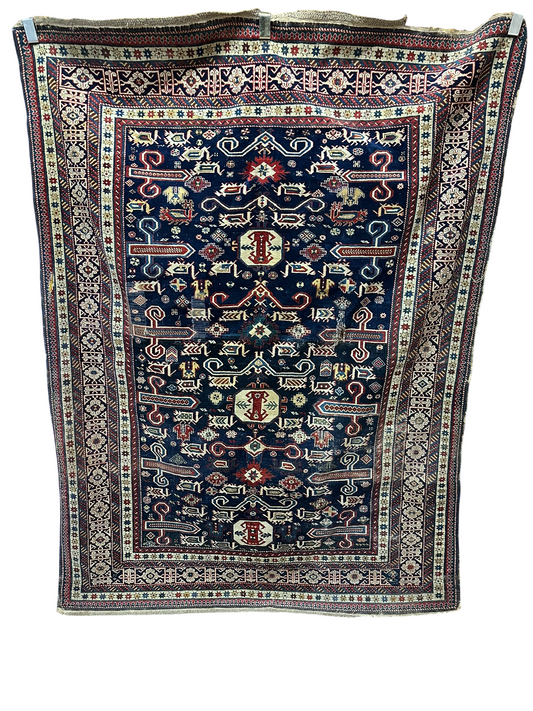 Antik Orientteppich handgeknüpft 202x145 cm Kazak Schirwan naturfarben
