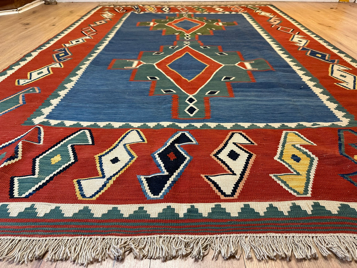 Antik Orientteppich handgeknüpft 285x191 cm Kazak Kelim naturfarben