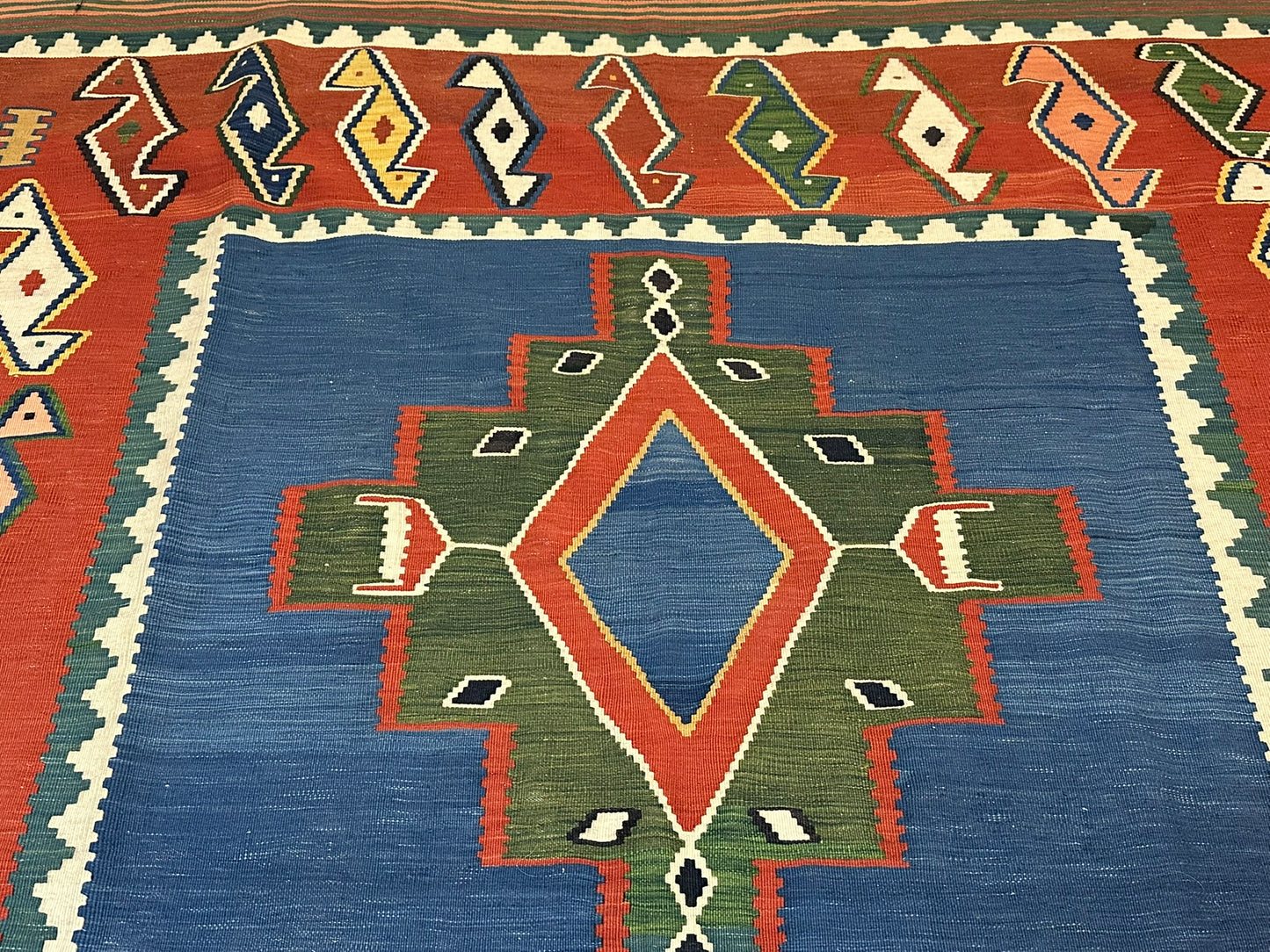 Antik Orientteppich handgeknüpft 285x191 cm Kazak Kelim naturfarben
