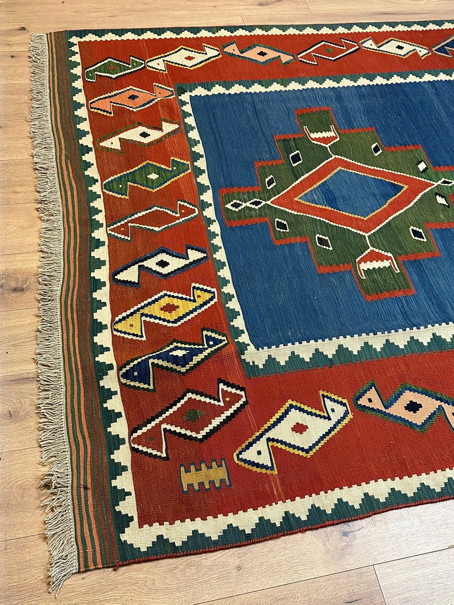 Antik Orientteppich handgeknüpft 285x191 cm Kazak Kelim naturfarben