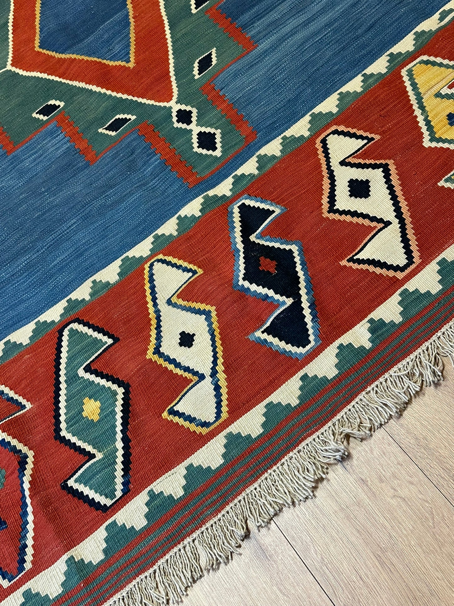 Antik Orientteppich handgeknüpft 285x191 cm Kazak Kelim naturfarben