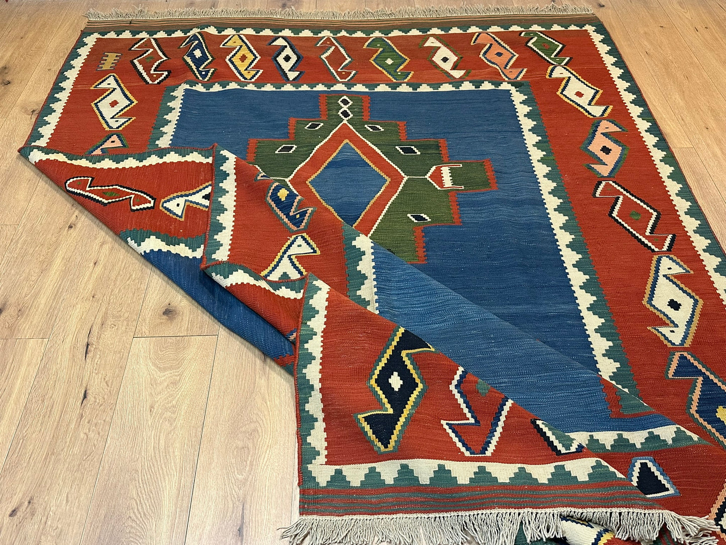 Antik Orientteppich handgeknüpft 285x191 cm Kazak Kelim naturfarben