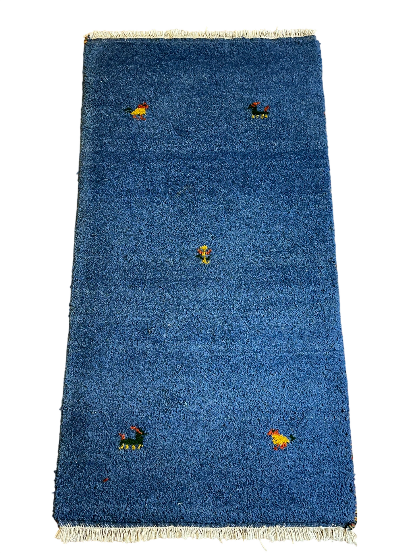 Indischer Gabbeh Orientteppich Handgeknüpft Blau Tiermotive 125x65 cm
