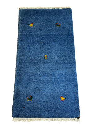 Indischer Gabbeh Orientteppich Handgeknüpft Blau Tiermotive 125x65 cm