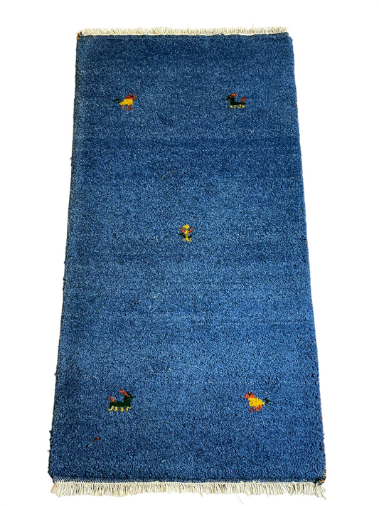 Indischer Gabbeh Orientteppich Handgeknüpft Blau Tiermotive 125x65 cm
