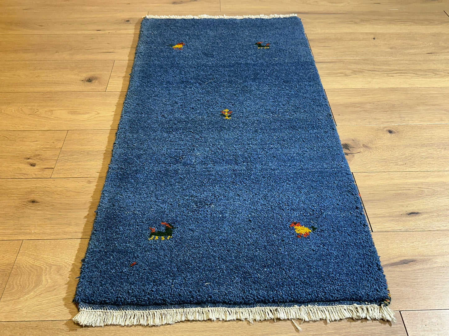 Indischer Gabbeh Orientteppich Handgeknüpft Blau Tiermotive 125x65 cm
