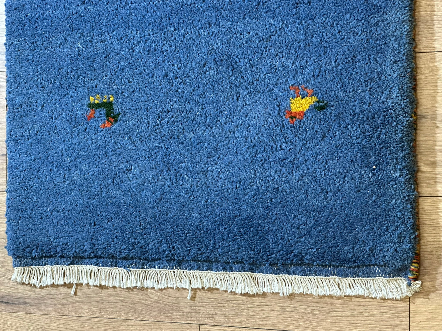 Indischer Gabbeh Orientteppich Handgeknüpft Blau Tiermotive 125x65 cm