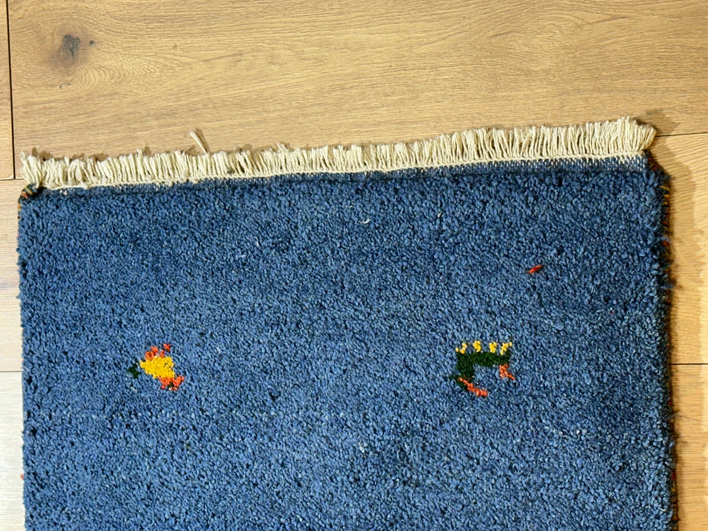 Indischer Gabbeh Orientteppich Handgeknüpft Blau Tiermotive 125x65 cm