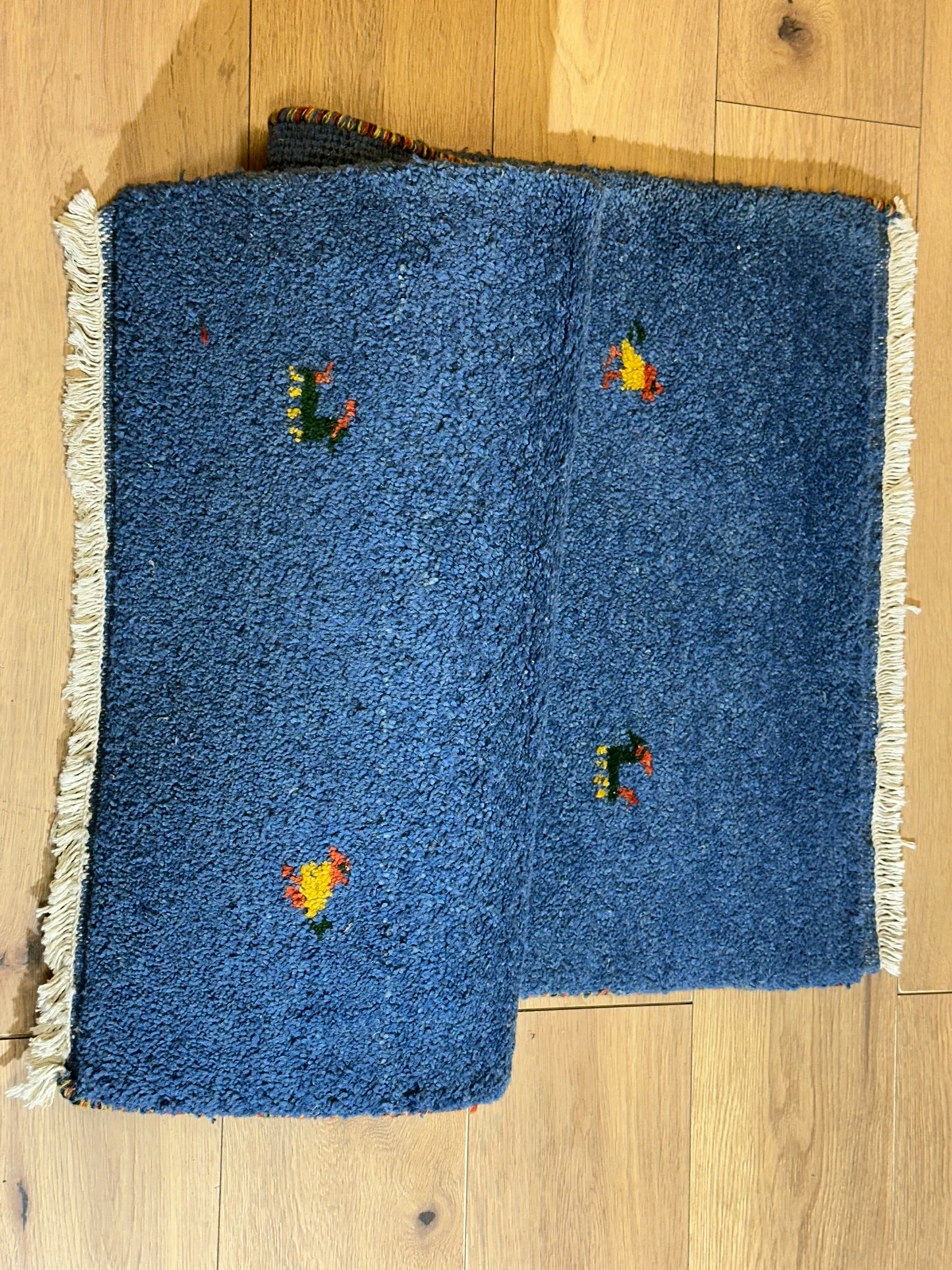 Indischer Gabbeh Orientteppich Handgeknüpft Blau Tiermotive 125x65 cm